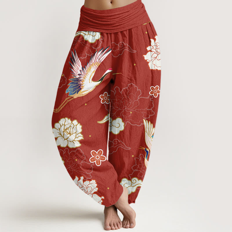 Buddha Stones Print Cranes Peonies Pattern Women's Elastic Waist Harem Pure Cotton Pants - FireBrick - US22，UK/AU26，EU54 (6XL) - image 5