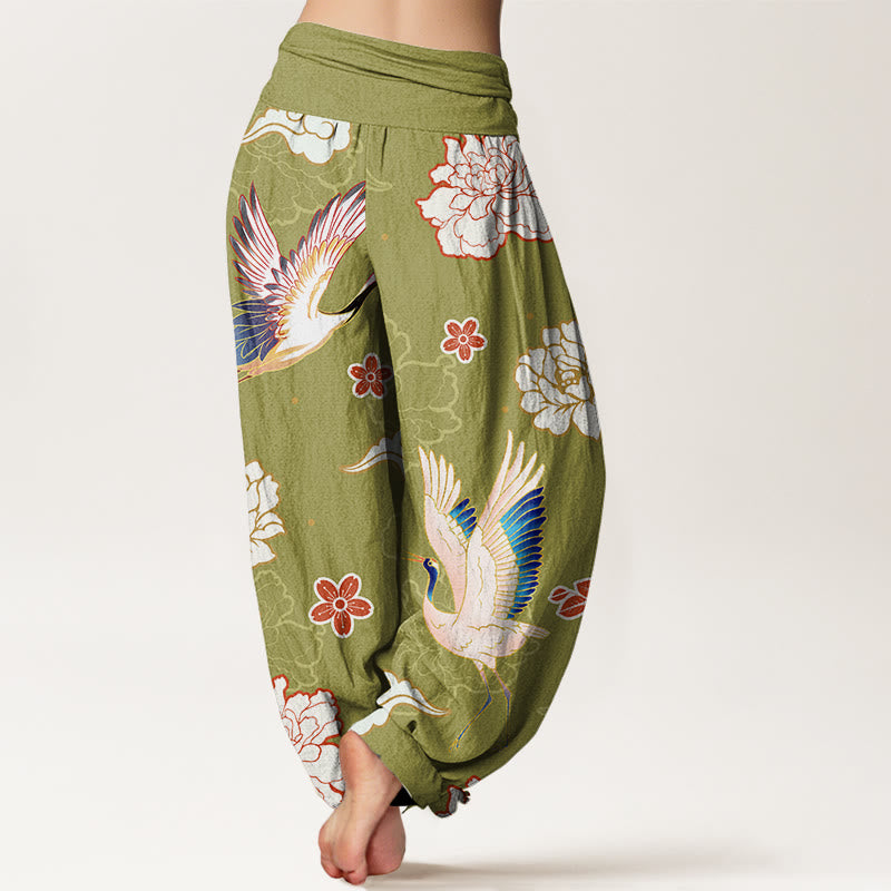 Buddha Stones Print Cranes Peonies Pattern Women's Elastic Waist Harem Pure Cotton Pants - image 10