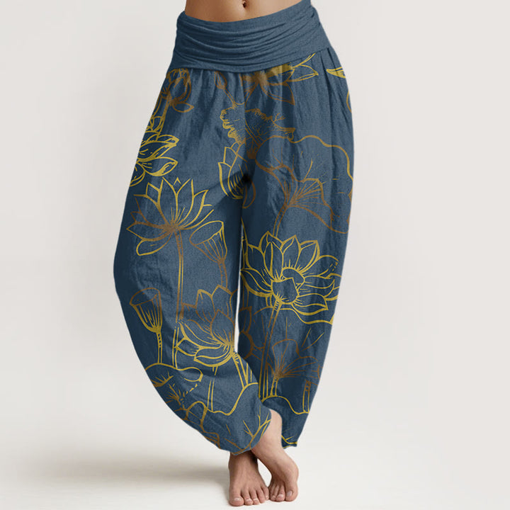 Buddha Stones Print Lotus Flowers Leaves Pattern Women's Elastic Waist Harem Cotton Pants - SteelBlue - US22，UK/AU26，EU54 (6XL) - image 0