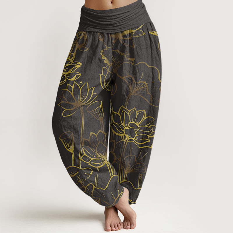 Buddha Stones Print Lotus Flowers Leaves Pattern Women's Elastic Waist Harem Cotton Pants - SlateGray - US22，UK/AU26，EU54 (6XL) - image 8