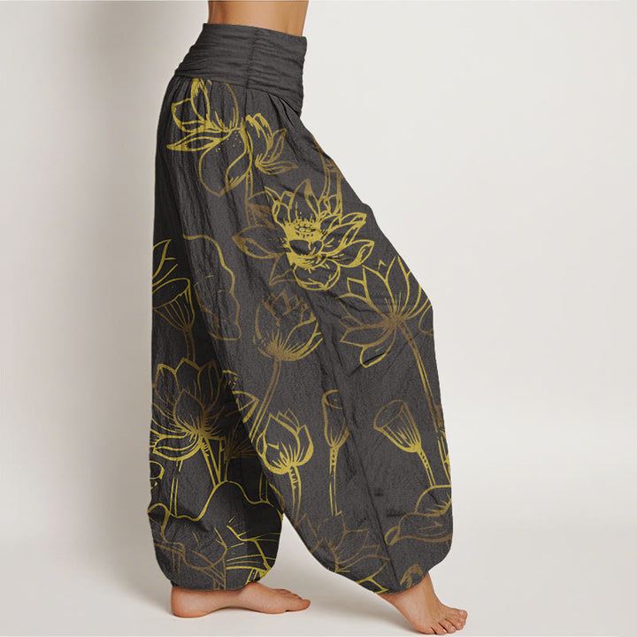 Buddha Stones Print Lotus Flowers Leaves Pattern Women's Elastic Waist Harem Cotton Pants - image 9