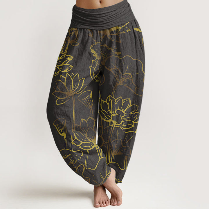 Buddha Stones Print Lotus Flowers Leaves Pattern Women's Elastic Waist Harem Cotton Pants - SlateGray - US22，UK/AU26，EU54 (6XL) - image 8