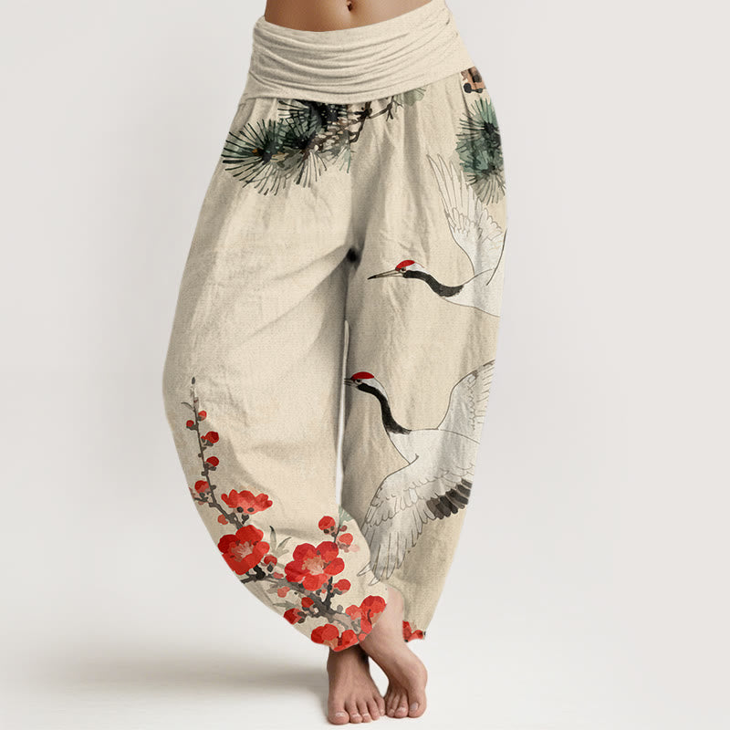 Buddha Stones Print Cranes Plum Blossoms Pattern Women's Elastic Waist Harem Cotton Pants - Beige - US22，UK/AU26，EU54 (6XL) - image 0