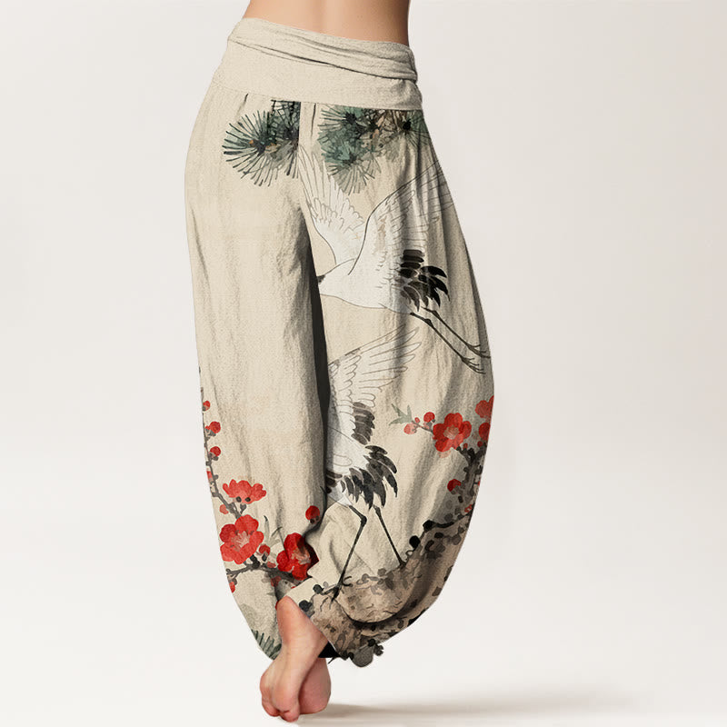 Buddha Stones Print Cranes Plum Blossoms Pattern Women's Elastic Waist Harem Cotton Pants - image 2