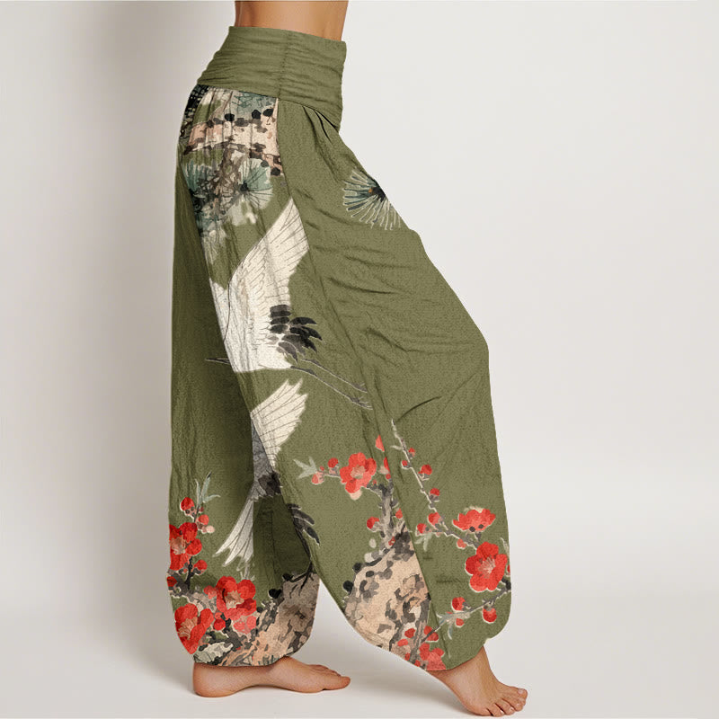 Buddha Stones Print Cranes Plum Blossoms Pattern Women's Elastic Waist Harem Cotton Pants - image 6