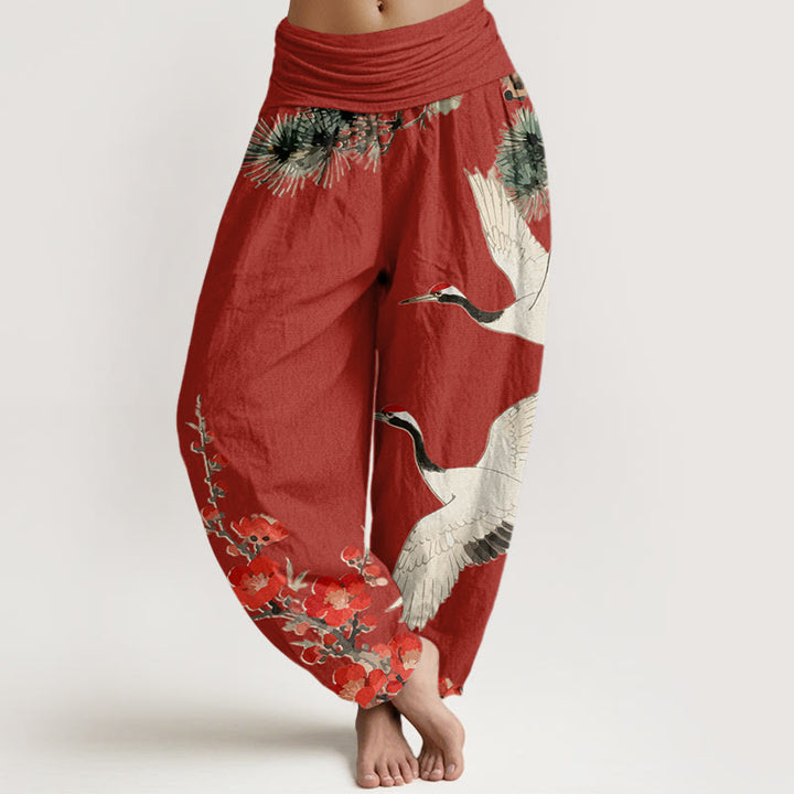 Buddha Stones Print Cranes Plum Blossoms Pattern Women's Elastic Waist Harem Cotton Pants - FireBrick - US22，UK/AU26，EU54 (6XL) - image 8