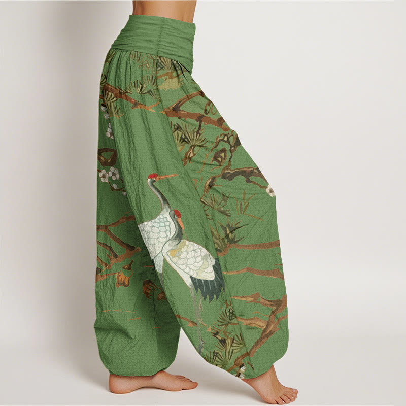 Buddha Stones Print Plum Blossoms Cranes Pine Trees Pattern Women's Elastic Waist Harem Cotton Pants - image 1