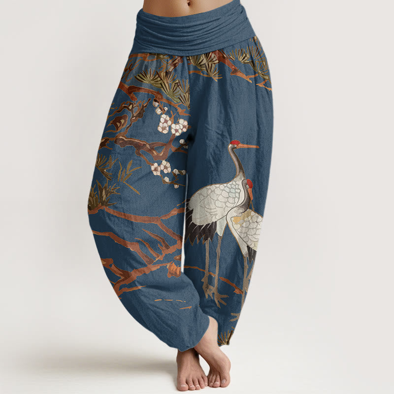 Buddha Stones Print Plum Blossoms Cranes Pine Trees Pattern Women's Elastic Waist Harem Cotton Pants - SteelBlue - US22，UK/AU26，EU54 (6XL) - image 5
