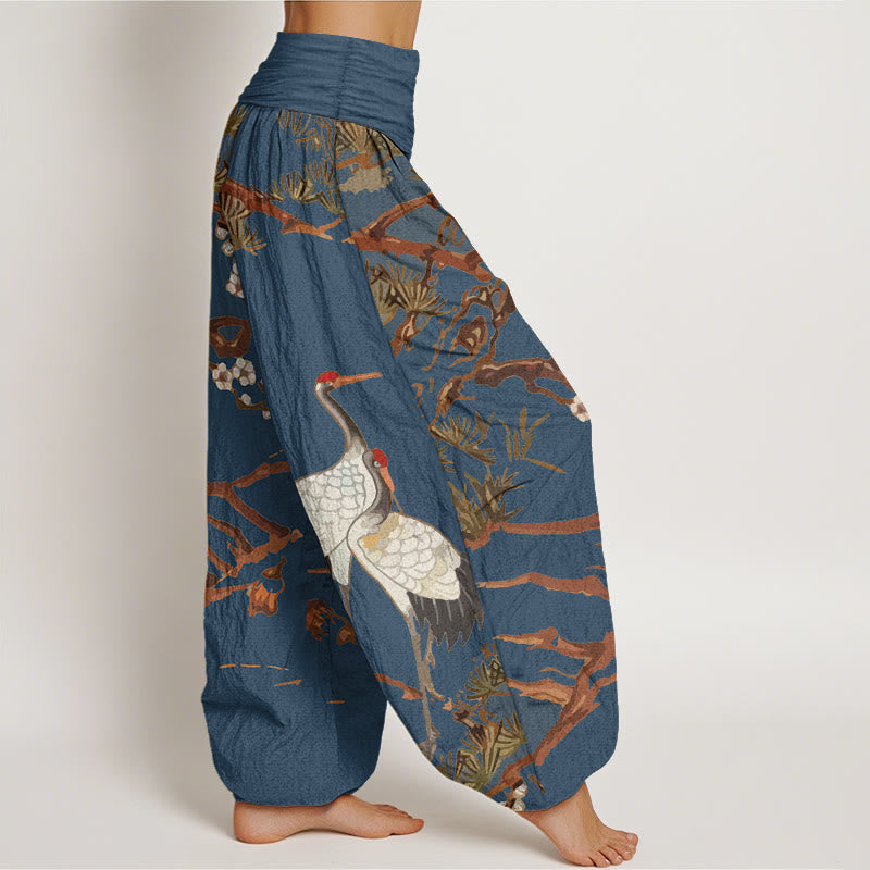 Buddha Stones Print Plum Blossoms Cranes Pine Trees Pattern Women's Elastic Waist Harem Cotton Pants - image 6
