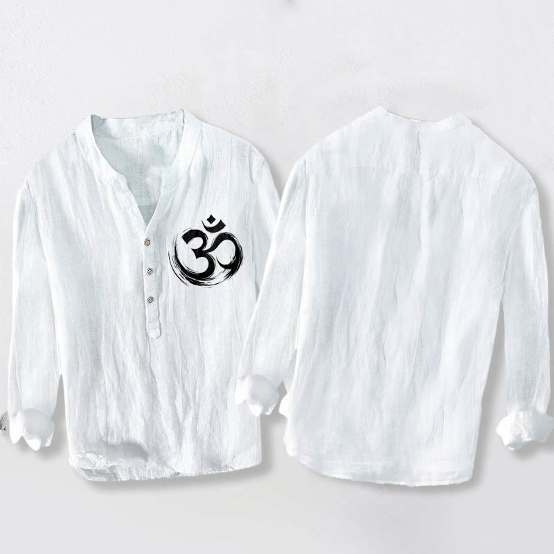Buddha Stones Om Symbol Pattern Half Buttons Men's Cotton Linen Long Sleeve Shirt - image 8