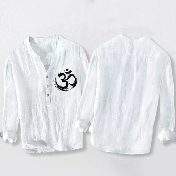 Buddha Stones Om Symbol Pattern Half Buttons Men's Cotton Linen Long Sleeve Shirt - image 8