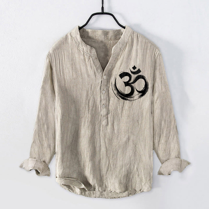 Buddha Stones Om Symbol Pattern Half Buttons Men's Cotton Linen Long Sleeve Shirt - Linen - US/UK/AU50，EU60 (5XL) - image 3
