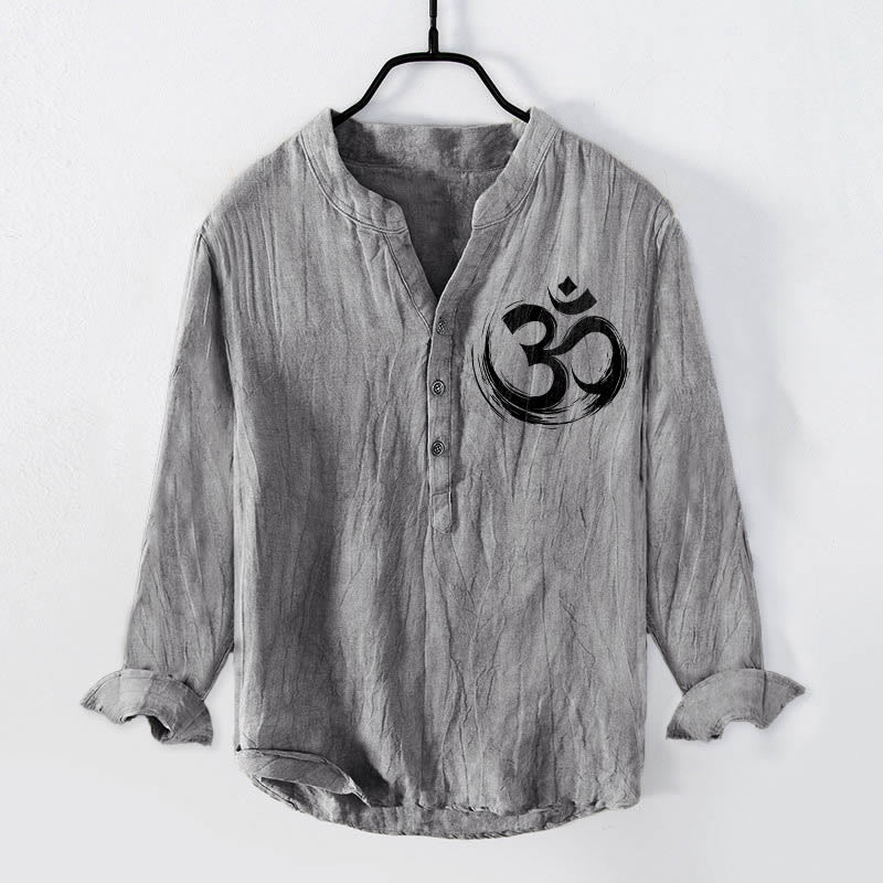 Buddha Stones Om Symbol Pattern Half Buttons Men's Cotton Linen Long Sleeve Shirt - Gray - US/UK/AU50，EU60 (5XL) - image 0