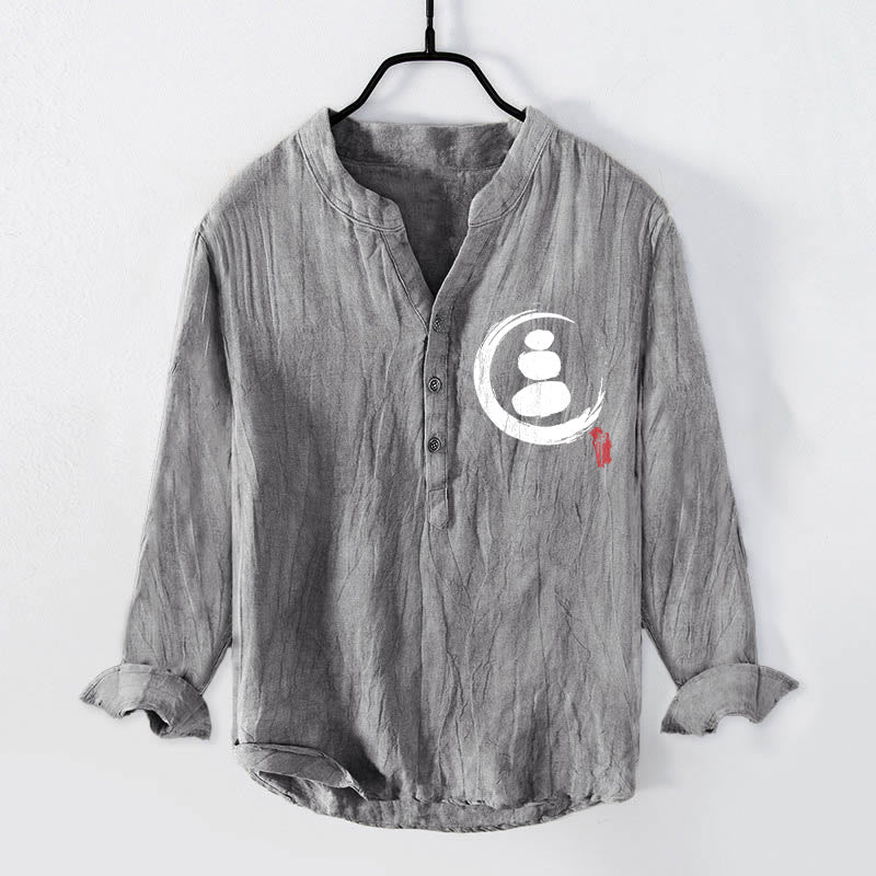 Buddha Stones Zen Stone Pattern Half Buttons Men's Cotton Linen Long Sleeve Shirt - Gray - US/UK/AU50，EU60 (5XL) - image 0