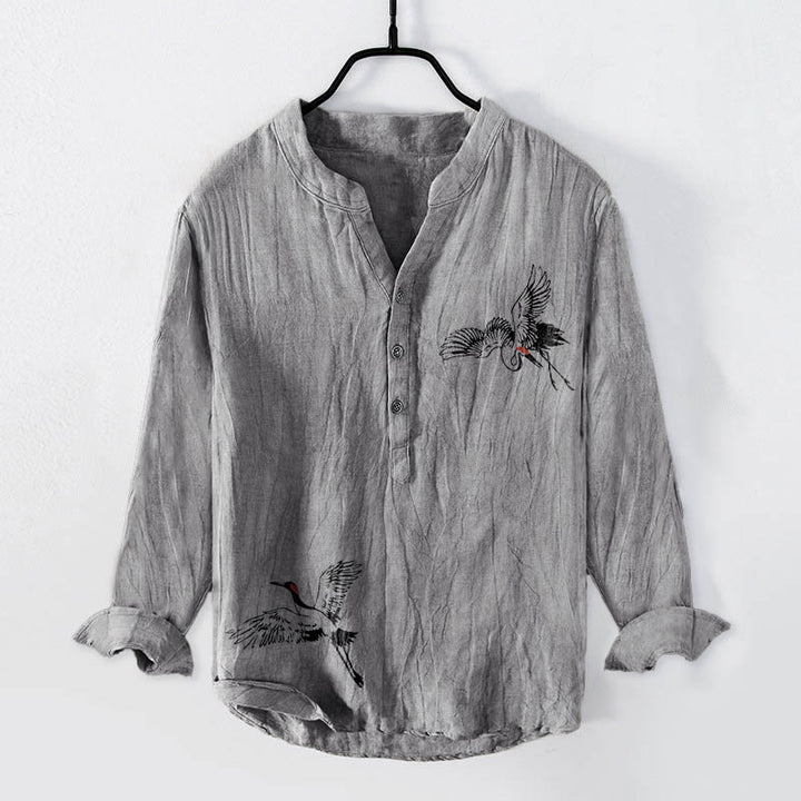 Buddha Stones Red-crowned Crane Pattern Half Buttons Men's Cotton Linen Long Sleeve Shirt - Gray - US/UK/AU50，EU60 (5XL) - image 3