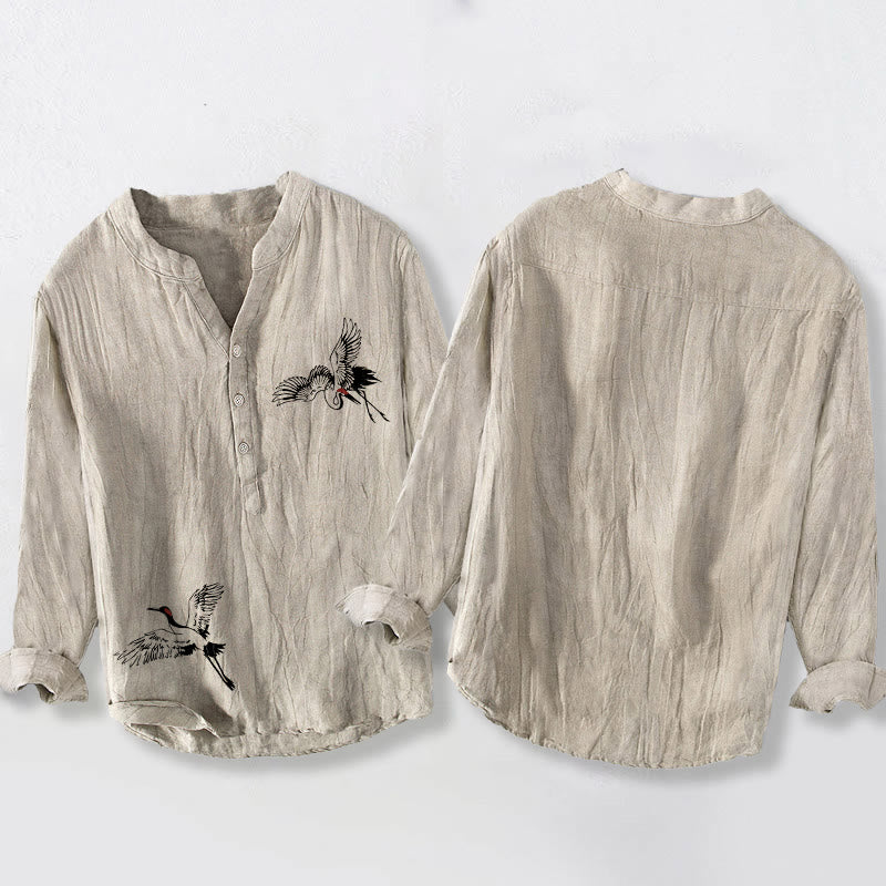 Buddha Stones Red-crowned Crane Pattern Half Buttons Men's Cotton Linen Long Sleeve Shirt - image 8