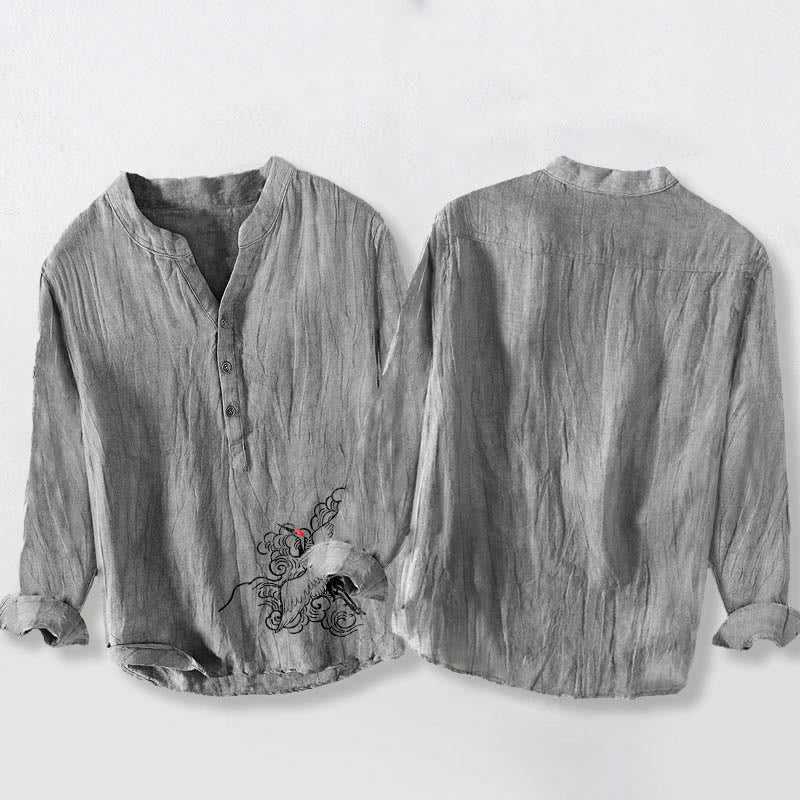 Buddha Stones Red-crowned Crane Clouds Pattern Half Buttons Men's Cotton Linen Long Sleeve Shirt - image 5