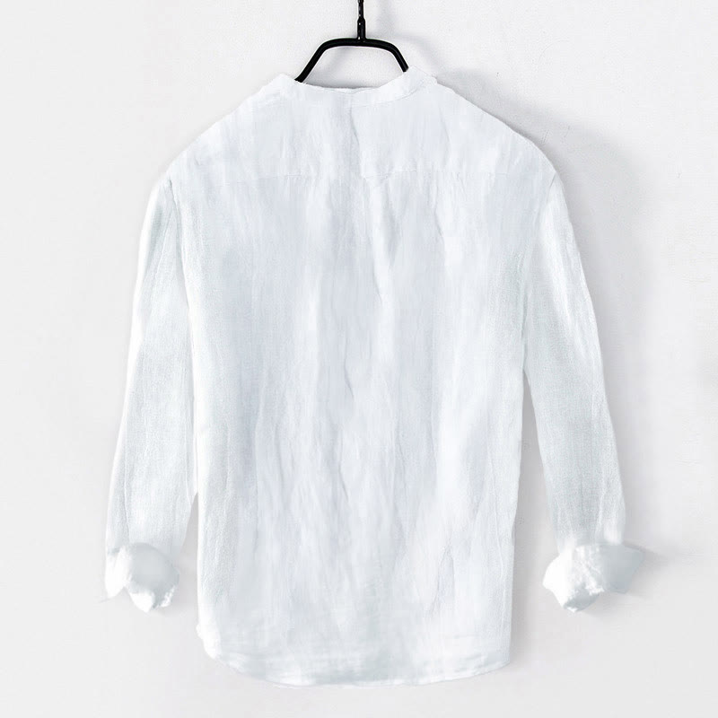 Buddha Stones Bamboo Leaves Pattern Half Buttons Men's Cotton Linen Long Sleeve Shirt - image 1