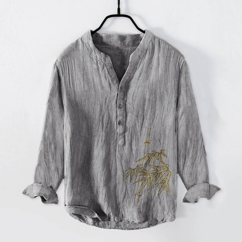 Buddha Stones Bamboo Leaves Pattern Half Buttons Men's Cotton Linen Long Sleeve Shirt - Gray - US/UK/AU50，EU60 (5XL) - image 3