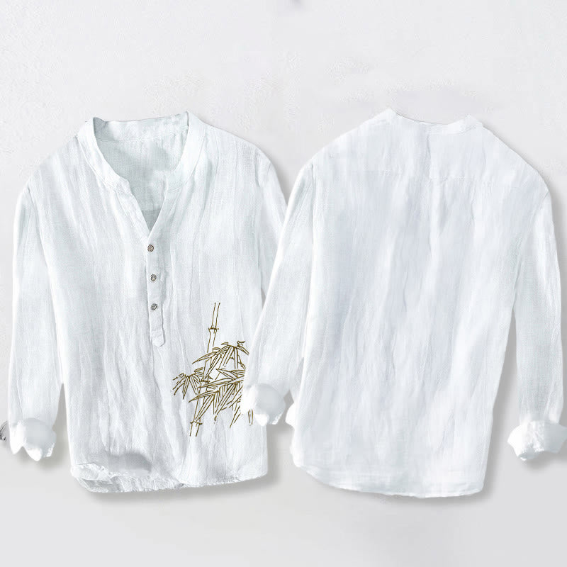 Buddha Stones Bamboo Leaves Pattern Half Buttons Men's Cotton Linen Long Sleeve Shirt - image 2