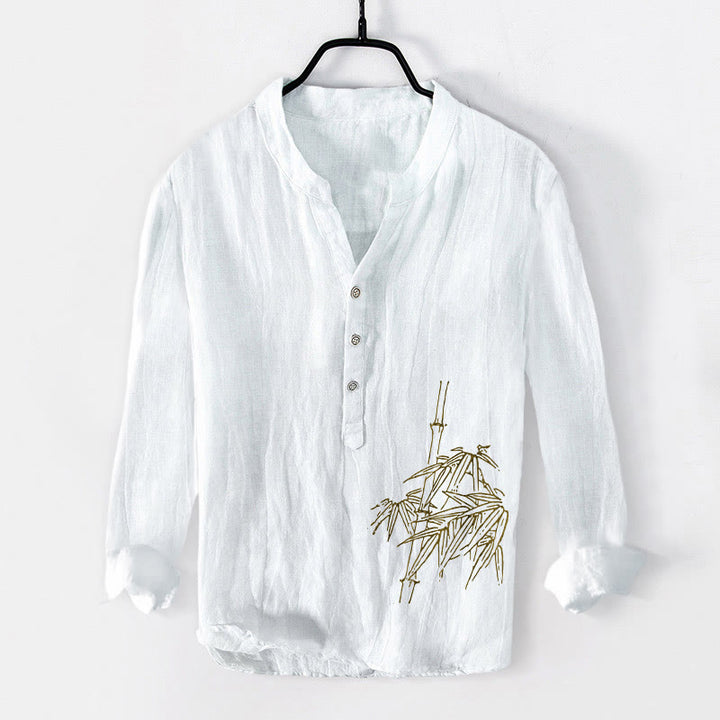 Buddha Stones Bamboo Leaves Pattern Half Buttons Men's Cotton Linen Long Sleeve Shirt - White - US/UK/AU50，EU60 (5XL) - image 0