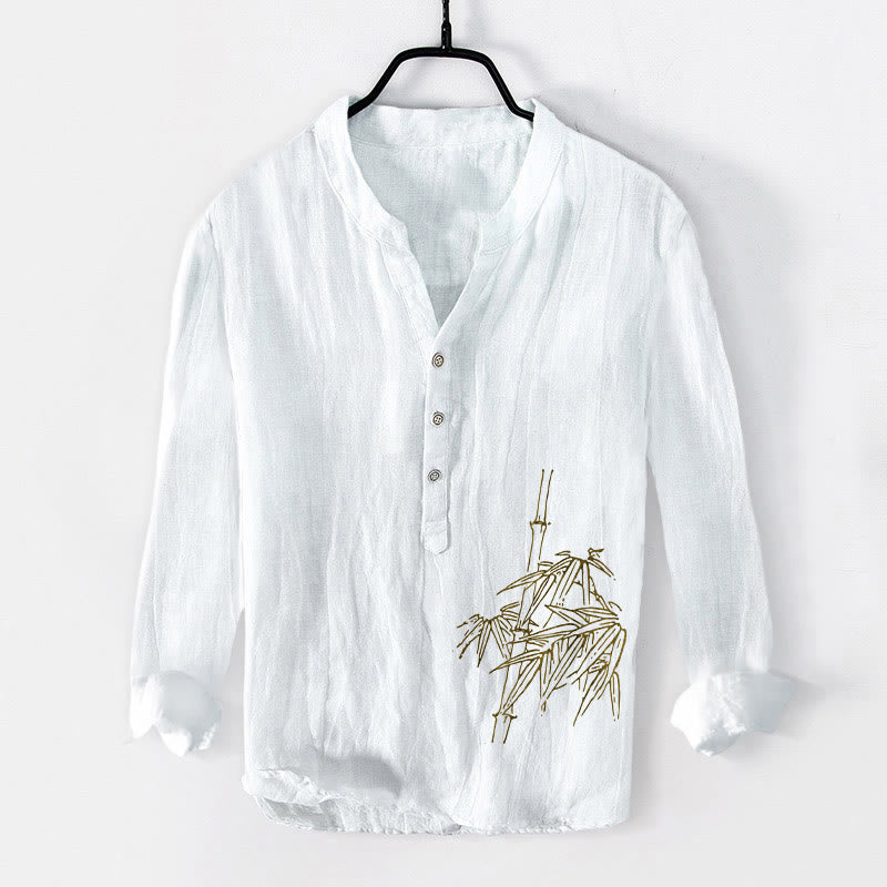 Buddha Stones Bamboo Leaves Pattern Half Buttons Men's Cotton Linen Long Sleeve Shirt - White - US/UK/AU50，EU60 (5XL) - image 0