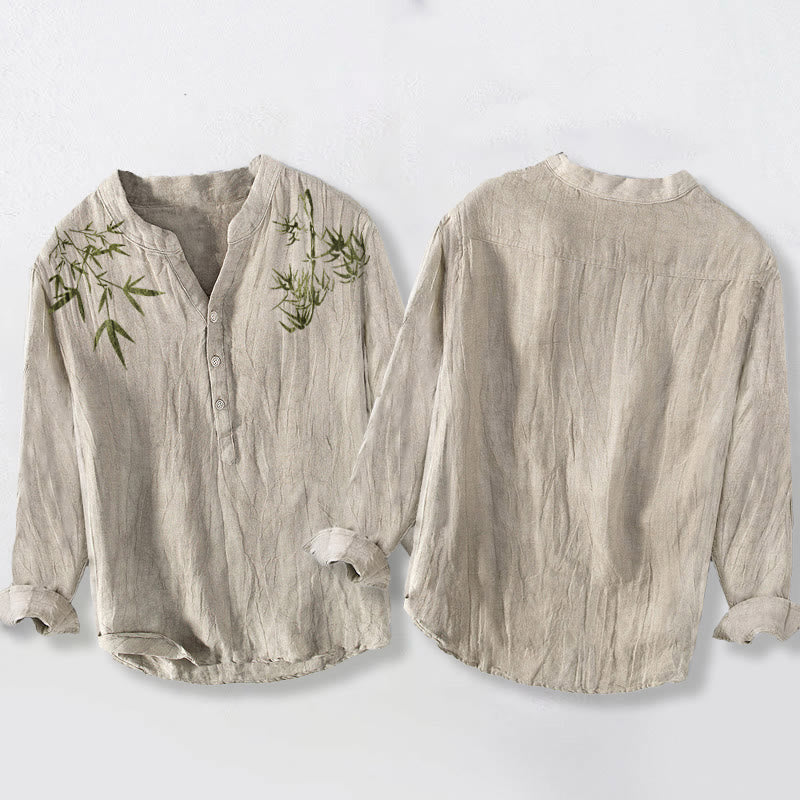 Buddha Stones Green Bamboo Leaves Pattern Half Buttons Men's Cotton Linen Long Sleeve Shirt - image 2