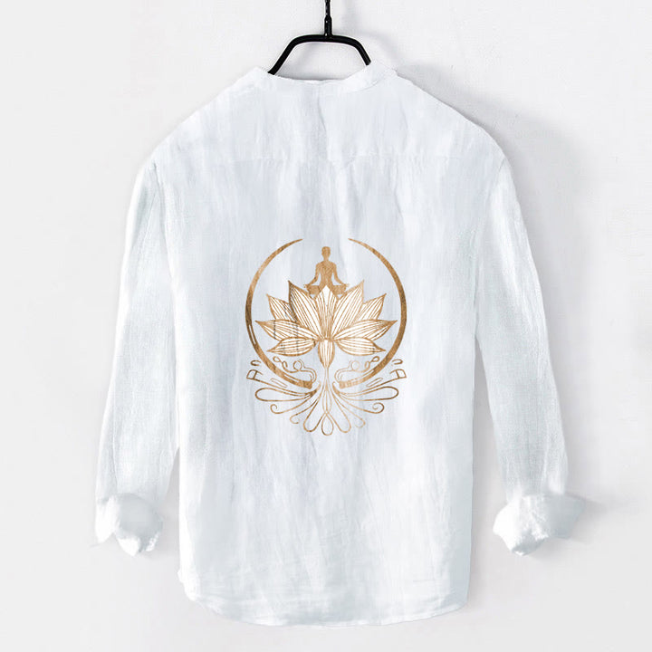 Buddha Stones Meditating Person Lotus Pattern Half Buttons Men's Cotton Linen Long Sleeve Shirt - image 8