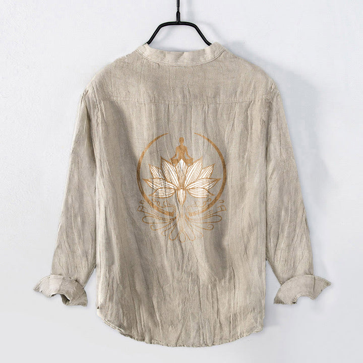 Buddha Stones Meditating Person Lotus Pattern Half Buttons Men's Cotton Linen Long Sleeve Shirt - image 5