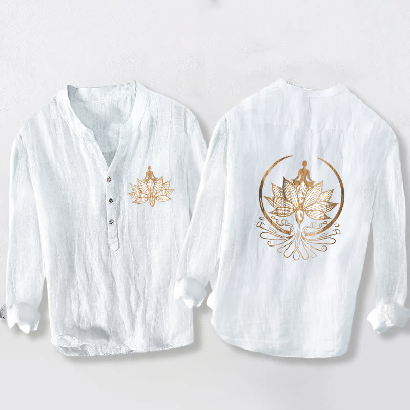 Buddha Stones Meditating Person Lotus Pattern Half Buttons Men's Cotton Linen Long Sleeve Shirt - White - US/UK/AU50，EU60 (5XL) - image 6