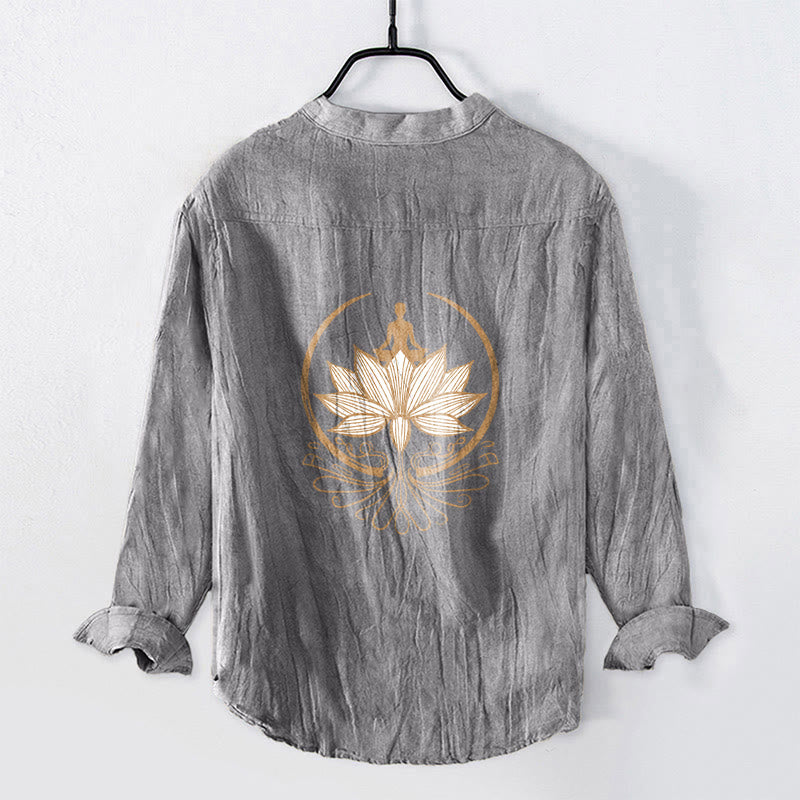 Buddha Stones Meditating Person Lotus Pattern Half Buttons Men's Cotton Linen Long Sleeve Shirt - image 2