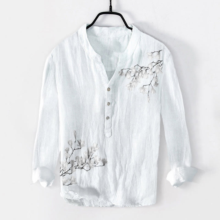 Buddha Stones Magnolia Flowers Branches Pattern Half Buttons Men's Cotton Linen Long Sleeve Shirt - White - US/UK/AU50，EU60 (5XL) - image 6