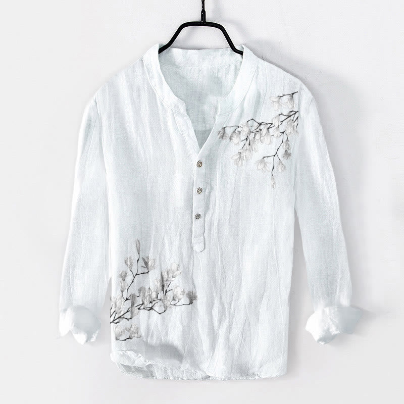 Buddha Stones Magnolia Flowers Branches Pattern Half Buttons Men's Cotton Linen Long Sleeve Shirt - White - US/UK/AU50，EU60 (5XL) - image 6