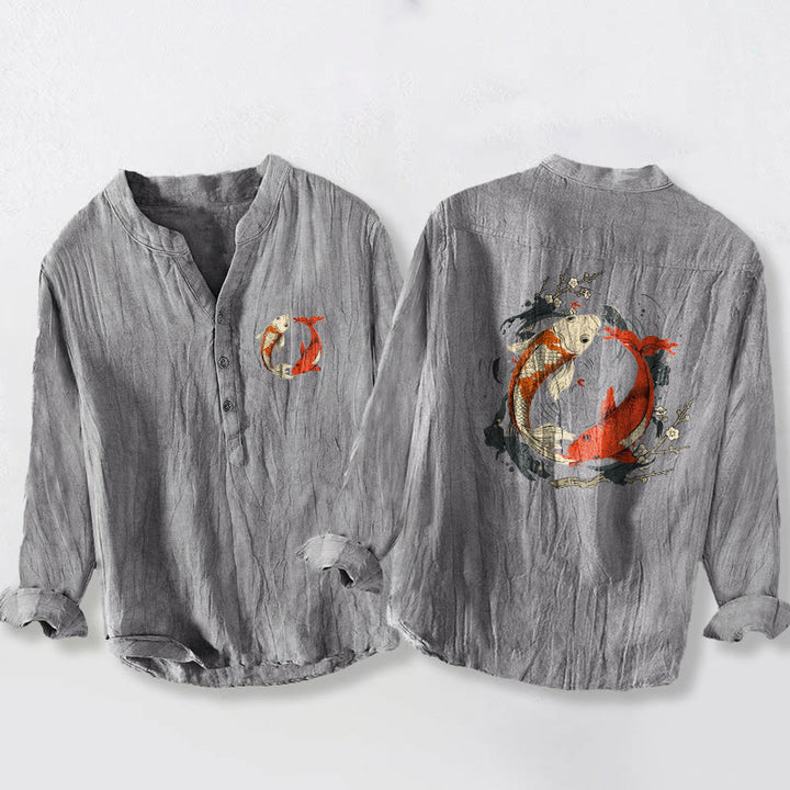 Buddha Stones Red White Koi Fish Yin Yang Pattern Half Buttons Men's Cotton Linen Long Sleeve Shirt - Gray - US/UK/AU50，EU60 (5XL) - image 3