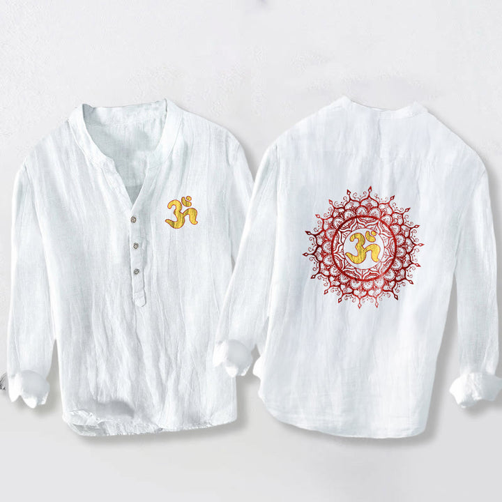 Buddha Stones OM Symbol Mandala Pattern Half Buttons Men's Cotton Linen Long Sleeve Shirt - White - US/UK/AU50，EU60 (5XL) - image 0