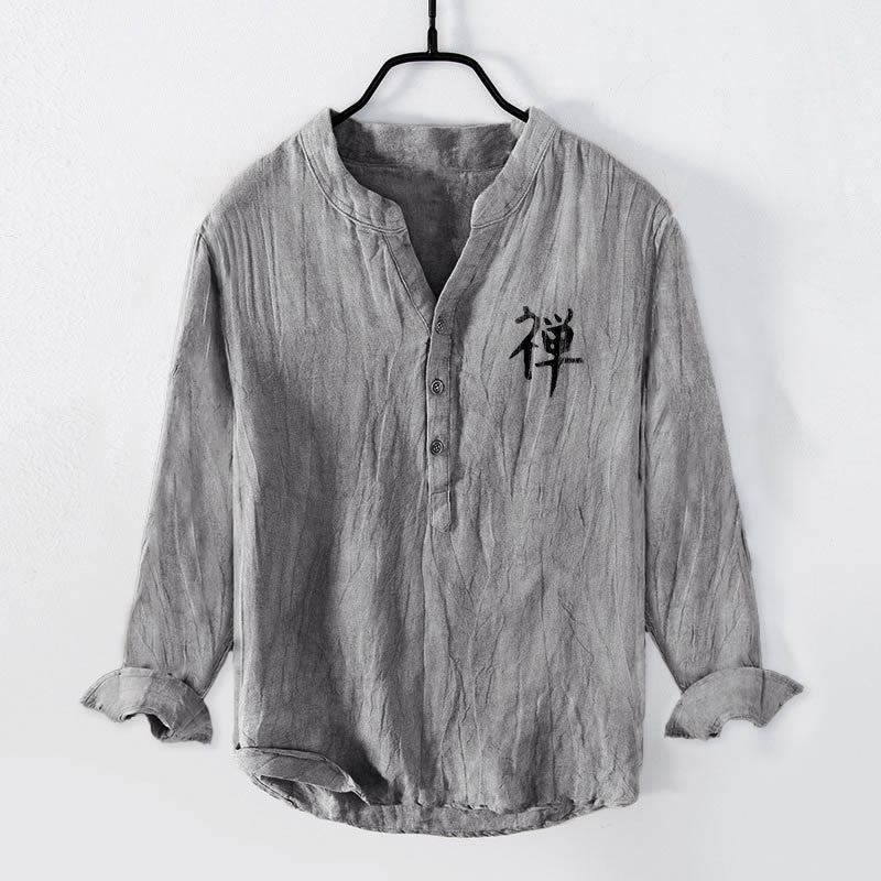 Buddha Stones Zen Character Pine Tree Sun Pattern Half Buttons Men's Cotton Linen Long Sleeve Shirt - image 1