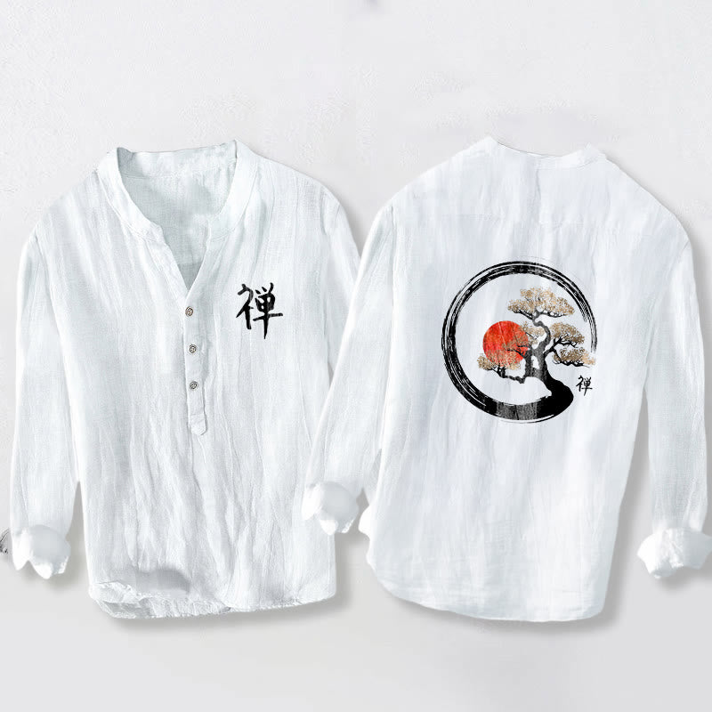 Buddha Stones Zen Character Pine Tree Sun Pattern Half Buttons Men's Cotton Linen Long Sleeve Shirt - White - US/UK/AU50，EU60 (5XL) - image 6
