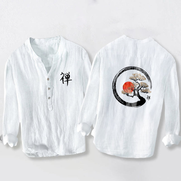 Buddha Stones Zen Character Pine Tree Sun Pattern Half Buttons Men's Cotton Linen Long Sleeve Shirt - White - US/UK/AU50，EU60 (5XL) - image 6