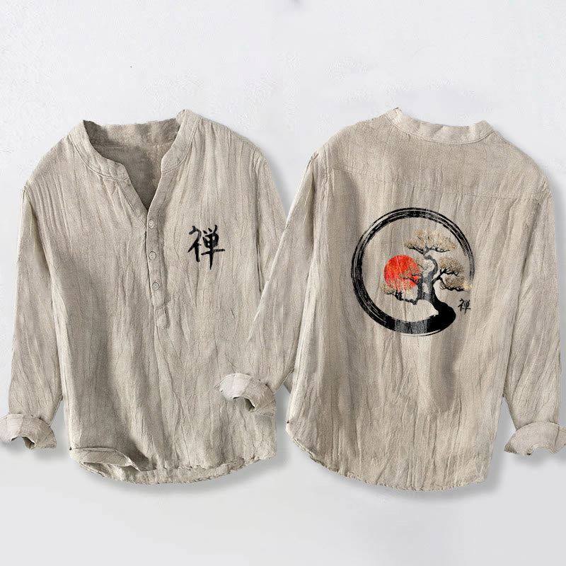 Buddha Stones Zen Character Pine Tree Sun Pattern Half Buttons Men's Cotton Linen Long Sleeve Shirt - Linen - US/UK/AU50，EU60 (5XL) - image 3