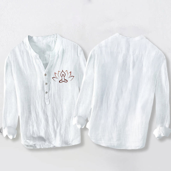 Buddha Stones Lotus Meditating Figure Pattern Half Buttons Men's Cotton Linen Long Sleeve Shirt - image 8