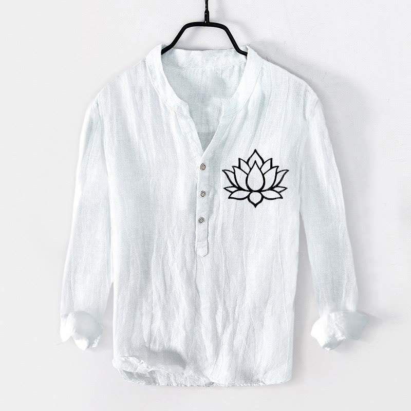 Buddha Stones Line-art Lotus Flower Pattern Half Buttons Men's Cotton Linen Long Sleeve Shirt - White - US/UK/AU50，EU60 (5XL) - image 6