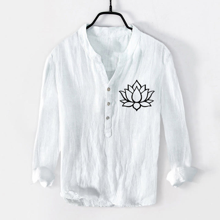 Buddha Stones Line-art Lotus Flower Pattern Half Buttons Men's Cotton Linen Long Sleeve Shirt - White - US/UK/AU50，EU60 (5XL) - image 6