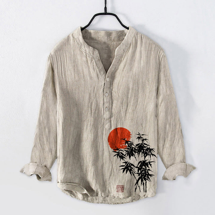 Buddha Stones Bamboo Leaves Red Sun Pattern Half Buttons Men's Cotton Linen Long Sleeve Shirt - Linen - US/UK/AU50，EU60 (5XL) - image 0