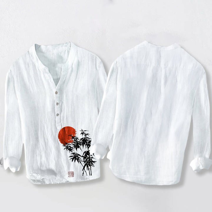 Buddha Stones Bamboo Leaves Red Sun Pattern Half Buttons Men's Cotton Linen Long Sleeve Shirt - image 8