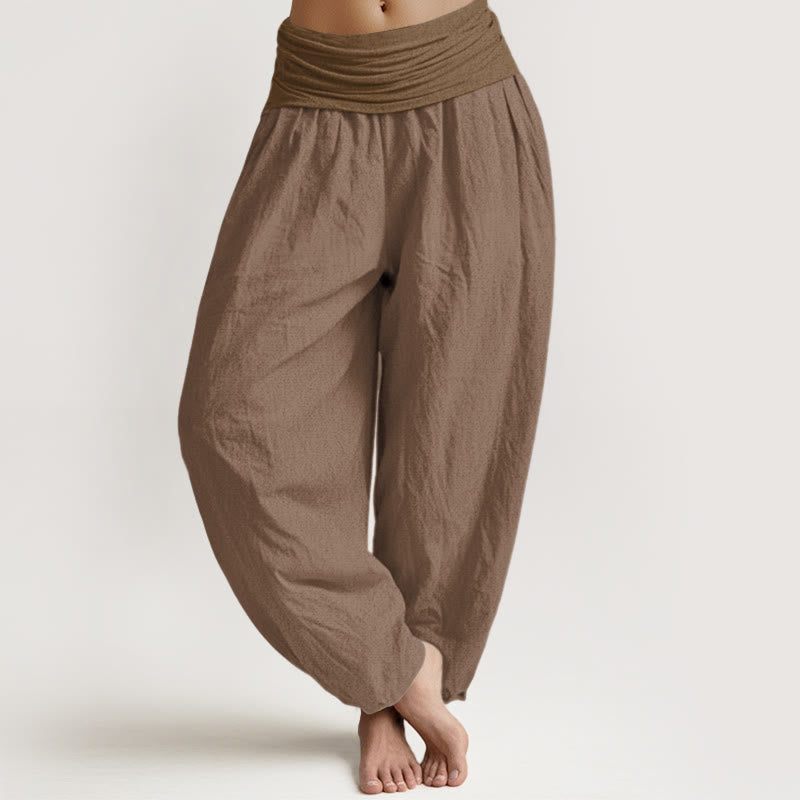 Buddha Stones Pure Cotton Plain Tan Women's Elastic Waist Harem Pants - Tan - US16，UK/AU20，EU48 (3XL) - image 0