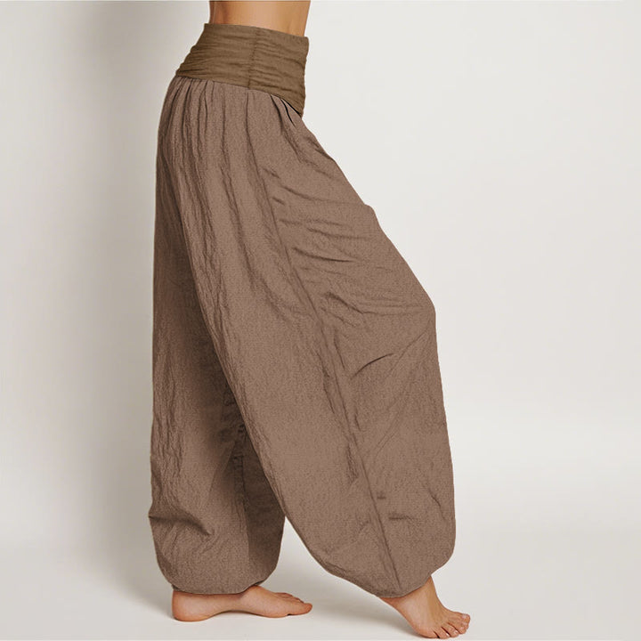 Buddha Stones Pure Cotton Plain Tan Women's Elastic Waist Harem Pants - image 2