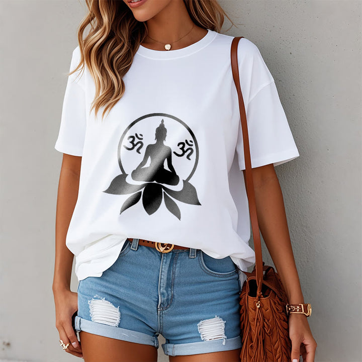 Buddha Stones OM Symbol Sanskrit Mantras Buddha Seated On Lotus Flower Design Tee T-shirt - image 5