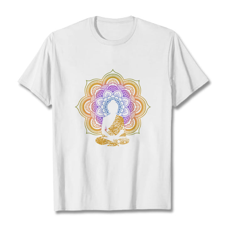Buddha Stones Multicolor Mandala Flower Seated Buddha Pattern Tee T-shirt - White - 2XL - image 5
