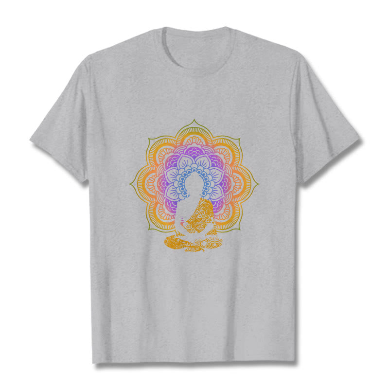 Buddha Stones Multicolor Mandala Flower Seated Buddha Pattern Tee T-shirt - LightGrey - 2XL - image 19