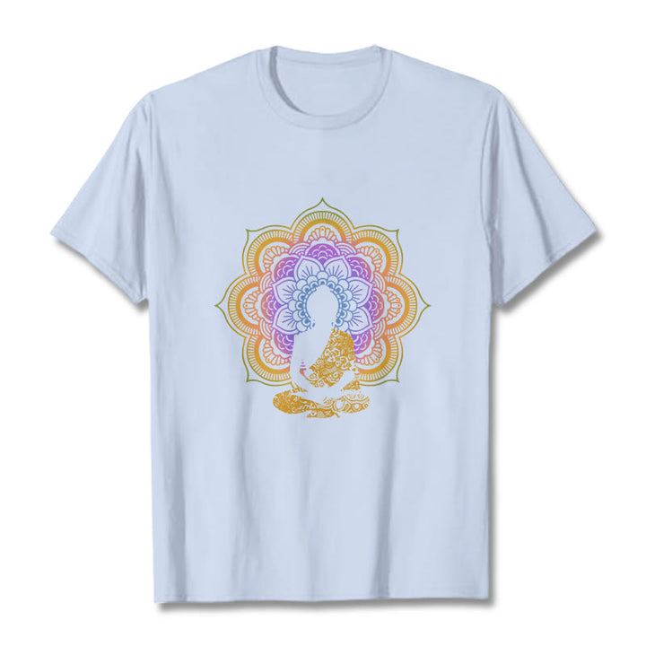 Buddha Stones Multicolor Mandala Flower Seated Buddha Pattern Tee T-shirt - LightCyan - 2XL - image 18